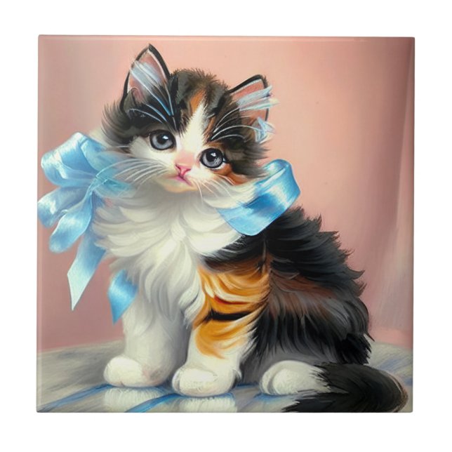 Vintage Calico Kitten Illustration Tile (Front)