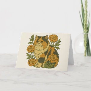 Vintage Calico Kitty Cat Marigold Flowers          Card
