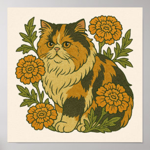 Vintage Calico Kitty Cat Marigold Flowers Poster