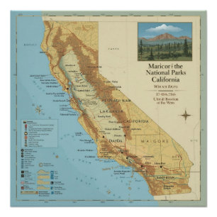 Vintage California National Parks Map Art Poster