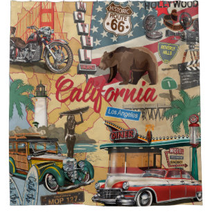 Vintage California poster with tourist attractions Shower Curtain
