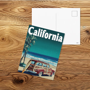 Vintage California Surf Wagon Travel Poster Postcard
