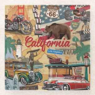 Vintage California: tourist attractions map. Glass Coaster