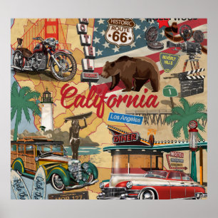 Vintage California: tourist attractions map. Poster
