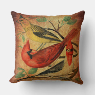 Vintage Calligraphy and Retro Cardinals Art Cushion
