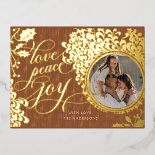 Vintage Calligraphy Love, Joy, Peace 1 Photo Foil Holiday Postcard