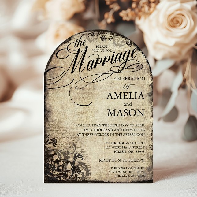 Vintage Calligraphy Script Flourish Wedding Invitation (Arched Wedding invitation with vintage script calligraphy)