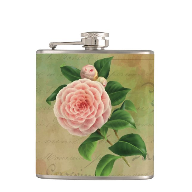 Vintage Camellia French Botanical Hip Flask (Front)