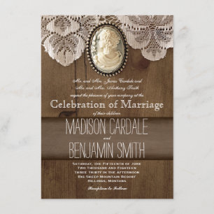 Vintage Cameo Brooch Lace Wood Wedding Invitations