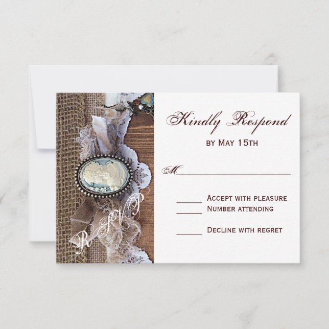 Vintage Cameo Key Burlap Wood Wedding RSVP Card (Front)