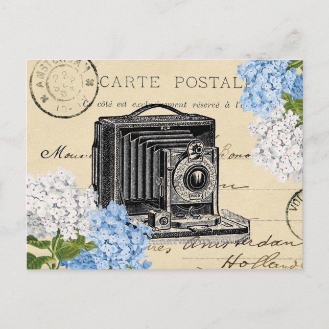 Vintage Camera Blue Flower French Postcard (Front)