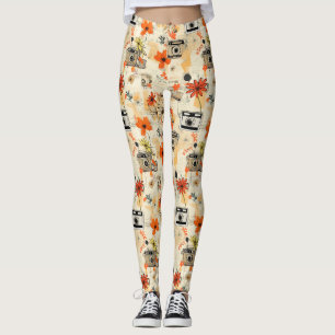 Vintage Camera Floral Orange Mustard Ephemera Leggings