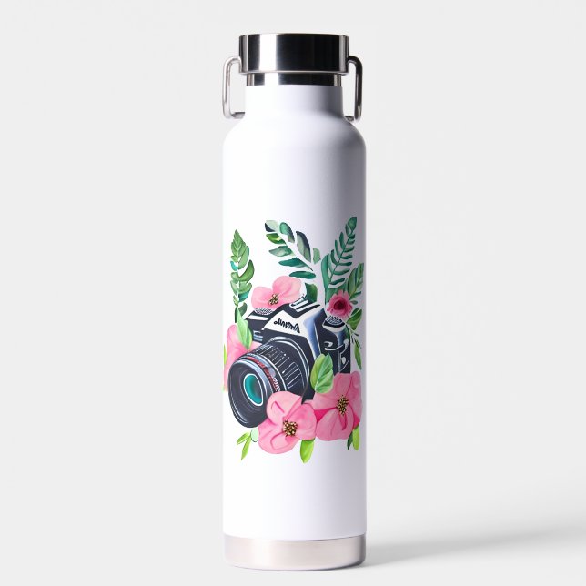 Vintage Camera, Green Foliage  Water Bottle (Front)