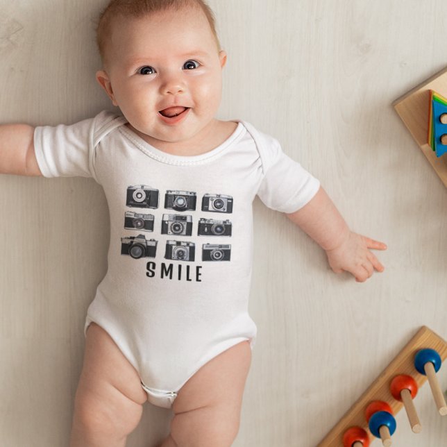 Vintage Camera Hipster Photographer Baby Bodysuit (Happy baby wearing a hipster photographer vintage cameras design bodysuit
)