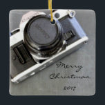 Vintage Camera on Chalkboard Christmas Ornament<br><div class="desc">Perfect for those who love the art of photography.  An AE-1 Canon Camera on an antique chalkboard.</div>