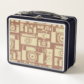 Vintage Camera Pattern in Brown Colours Metal Lunch Box