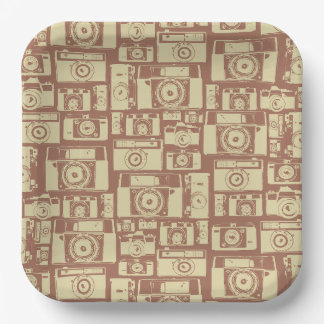 Vintage Camera Pattern in Brown Colours Paper Plate