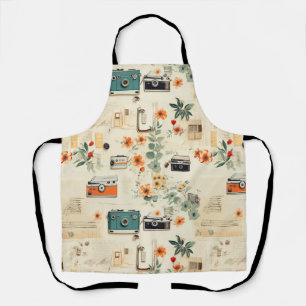 Vintage Camera Radio Floral Teal Orange Collage Apron