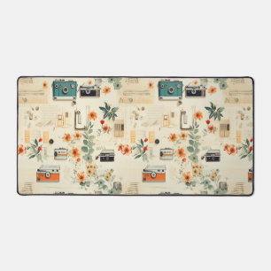Vintage Camera Radio Floral Teal Orange Collage Desk Mat