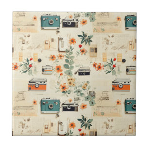 Vintage Camera Radio Floral Teal Orange Collage Tile