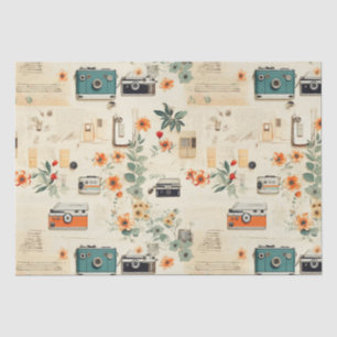 Vintage Camera Radio Floral Teal Orange Collage Tissue Paper