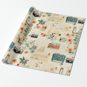 Vintage Camera Radio Floral Teal Orange Collage Wrapping Paper