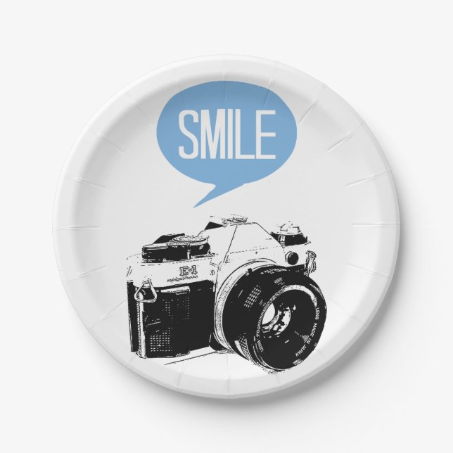 Vintage Camera, Smile Text Balloon, Photographer Paper Plate (Front)
