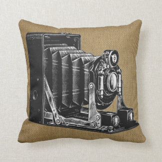 Vintage Camera with Burlap Background Throw Pillow