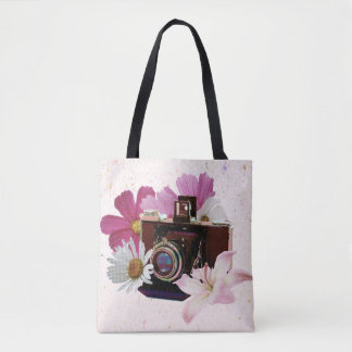 Vintage camera with flowers tote bag
