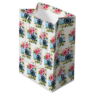Vintage Cameras and Pink  Flowers Birthday Medium Gift Bag