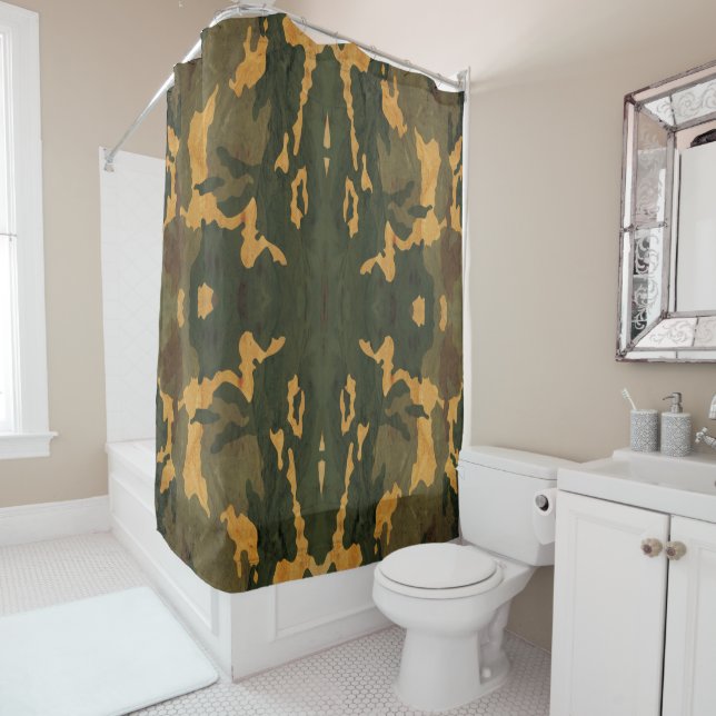vintage camouflage shower curtain (In Situ)
