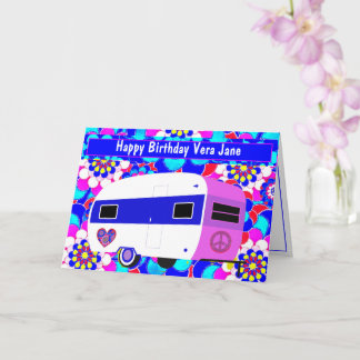 Vintage Camper and Mod Flowers Happy Birthday Card