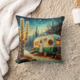Vintage Camper Christmas Desert Saguaro Cactus Cushion