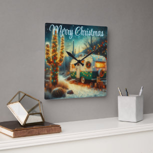 Vintage Camper Christmas in Desert Personalised Square Wall Clock