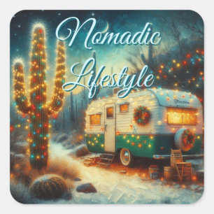 Vintage Camper Christmas in Desert Saguaro Cactus Square Sticker