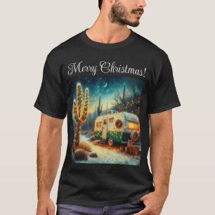 Vintage Camper Christmas in Desert Saguaro Cactus T-Shirt
