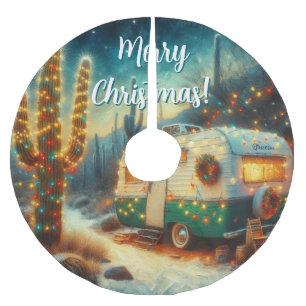 Vintage Camper Saguaro Cactus Christmas Blue Green Brushed Polyester Tree Skirt