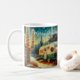Vintage Camper Saguaro Cactus Christmas Blue Green Coffee Mug