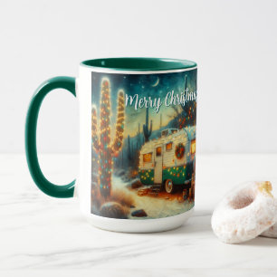 Vintage Camper Saguaro Cactus Christmas Blue Green Mug