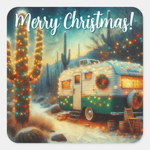 Vintage Camper Saguaro Cactus Christmas Blue Green Square Sticker