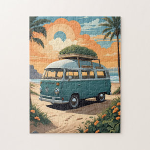 Vintage Camper Van Beach Sunset Illustration Jigsaw Puzzle