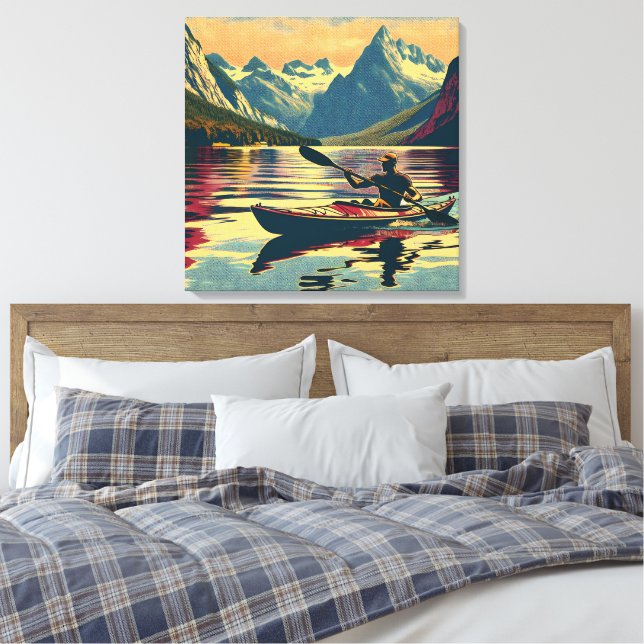 Vintage Camping Scene Man Kayaking Canvas Print (Insitu(Bedroom))