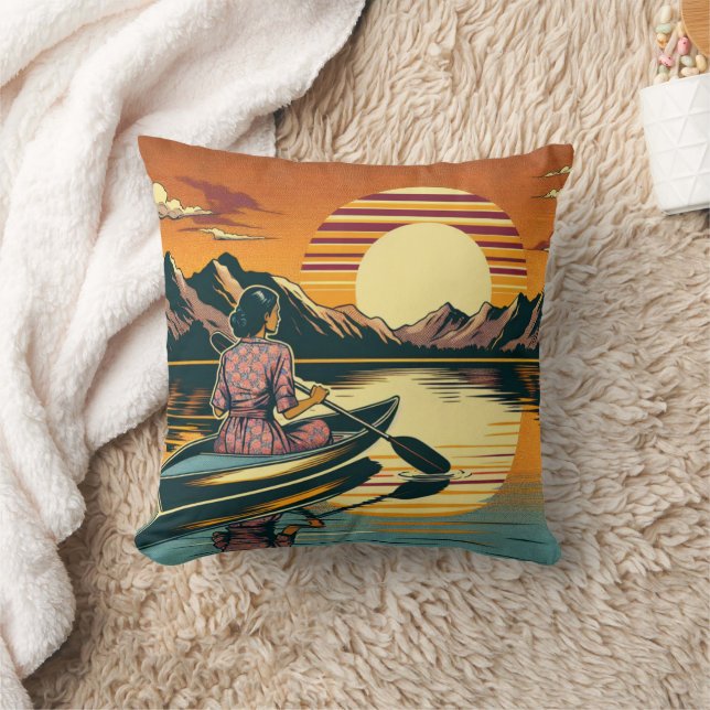 Vintage Camping Scene Woman Kayaking Cushion (Blanket)