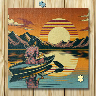 Vintage Camping Scene Woman Kayaking Jigsaw Puzzle