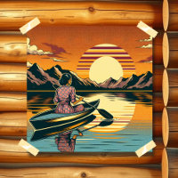 Vintage Camping Scene Woman Kayaking