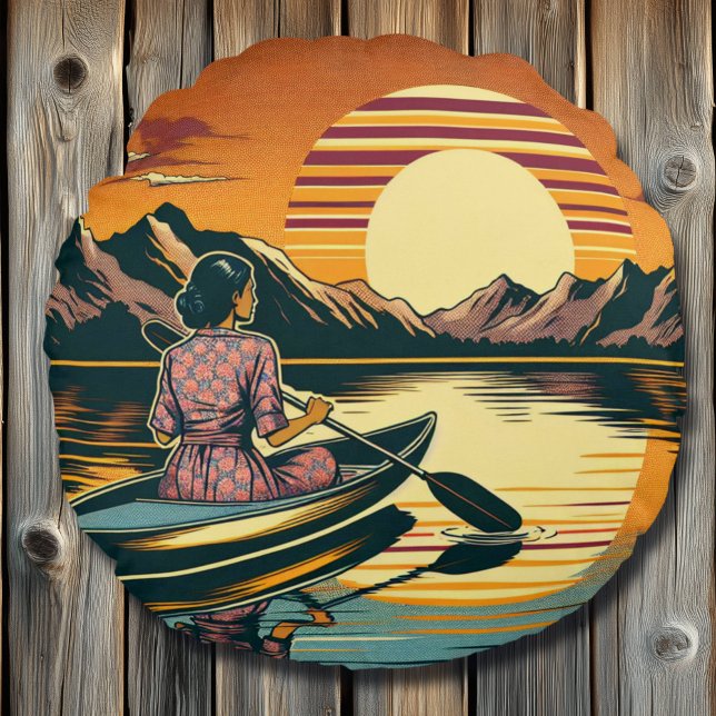 Vintage Camping Scene Woman Kayaking Round Cushion (Creator Uploaded)