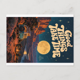 Vintage Camping Van Under a Giant Moon and Starry Holiday Postcard