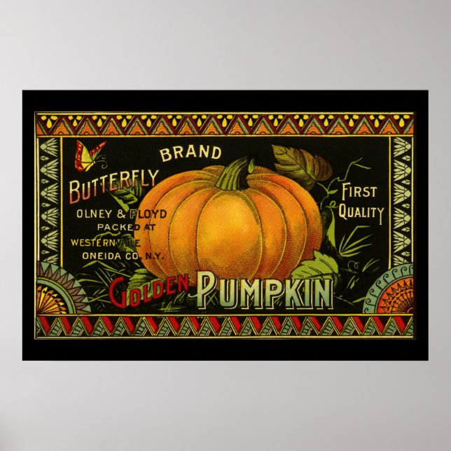 Vintage Can Label Art, Butterfly Pumpkin Vegetable Poster (Front)