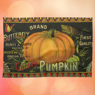 Vintage Can Label Art, Butterfly Pumpkin Vegetable Tea Towel
