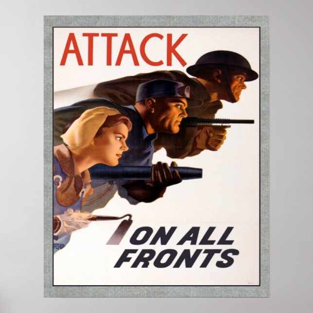 Vintage Canadian WW2 Attack On All Fronts Poster (Front)